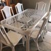 White Wicker Dining table, 6 chairs, tea cart, 2 end tables