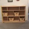 Rolling Wood cabinet with cubbies 