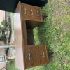 Wood desk ; black file cabinet